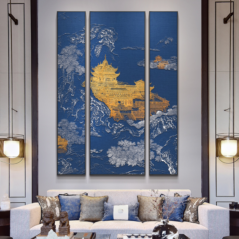 新中式客厅装饰画高端大气会所大堂挂画别墅浮雕立体背景组合壁画图片