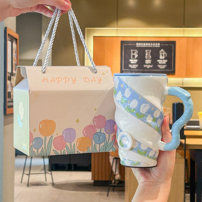 送女生的生日礼物高颜值郁金香陶瓷马克杯带盖闺蜜实用伴手礼礼盒