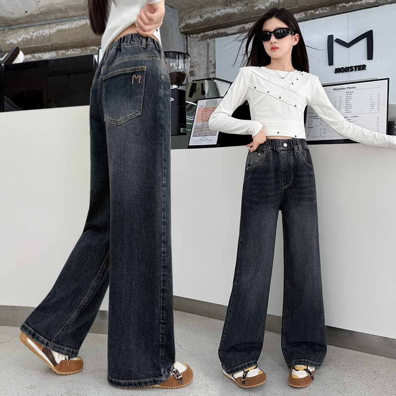 女童牛仔裤秋装新款女大童女孩外穿阔腿裤初中生春秋洋气炸街裤子