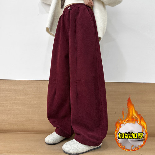 女童加绒弯刀裤冬季新款大童女学生一体绒阔腿裤儿童女孩加厚裤子