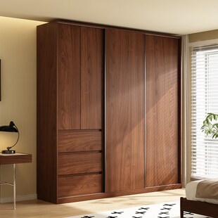 中古风全实木可定制衣柜家用卧室胡桃色推拉门免拉手衣橱大容量