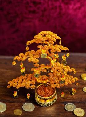 艺线手工品编铝织发财06325094树摆件财开业礼招物客厅电视酒柜装