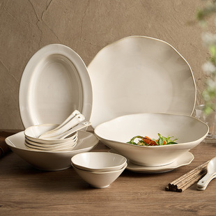 米黄碗碟套装 乔迁碗筷组合 家用高级感特色陶瓷餐具盘子碗2023新款