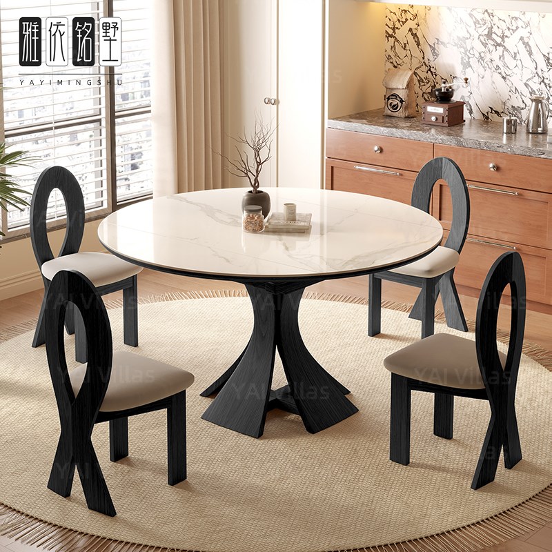 德利丰洞石岩板实木小户型家用折叠餐桌伸缩餐桌可变圆桌旋转圆盘