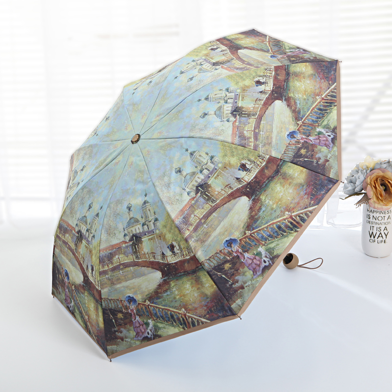 欧美蓝天白云创意复古雨伞双层折叠油画遮阳伞太阳伞防紫外线