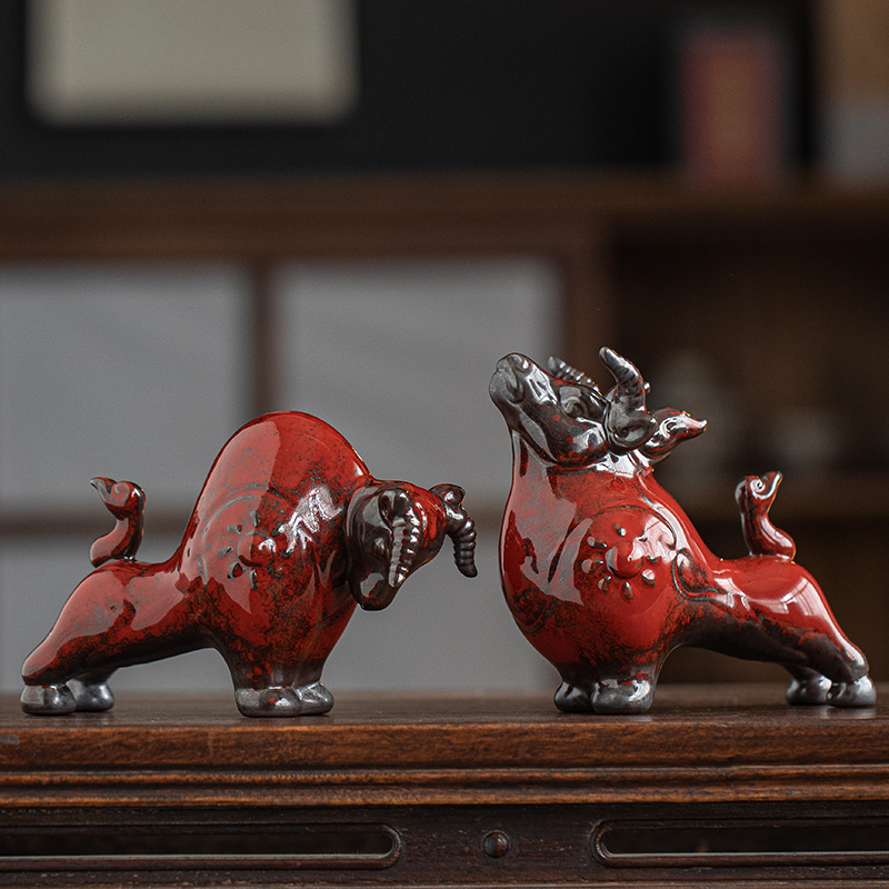 陶瓷牛气冲天茶宠摆件精品可养茶桌招财装饰品生肖牛茶玩茶台配件