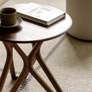 梦天然北美黑胡桃木沙发边几茶几桌小角几全实木圆形48