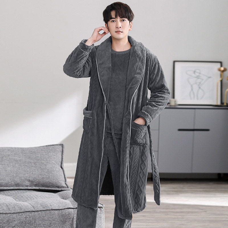 宫蝶三件套睡衣男冬季牛奶绒长袖加厚新款大码简约男士睡袍家居服