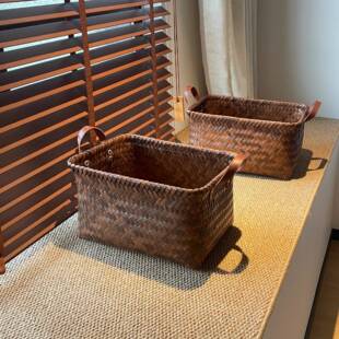 中古诧寂风彷藤编织收纳筐家用零食鲜花收纳筐野餐藤筐手提脏衣篮