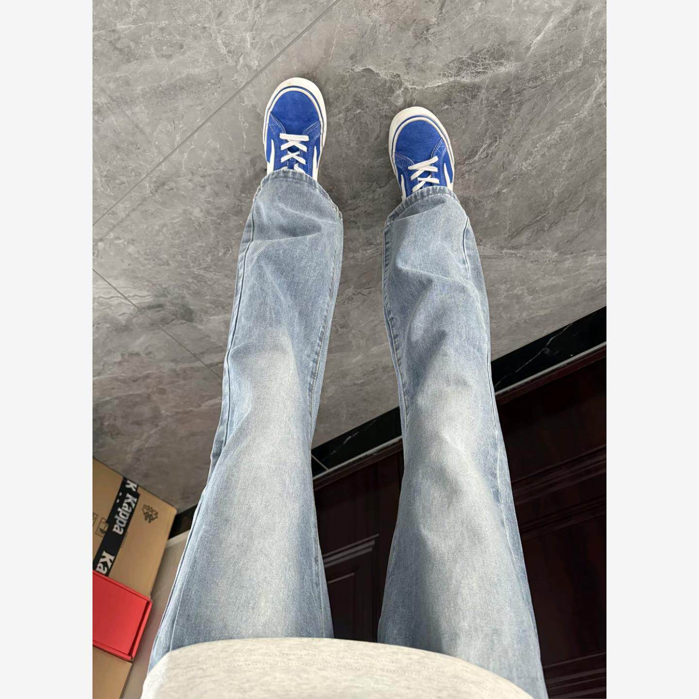 浅蓝色水洗牛仔裤男美式高街vibe微喇叭裤子cleanfit夏季修身直筒