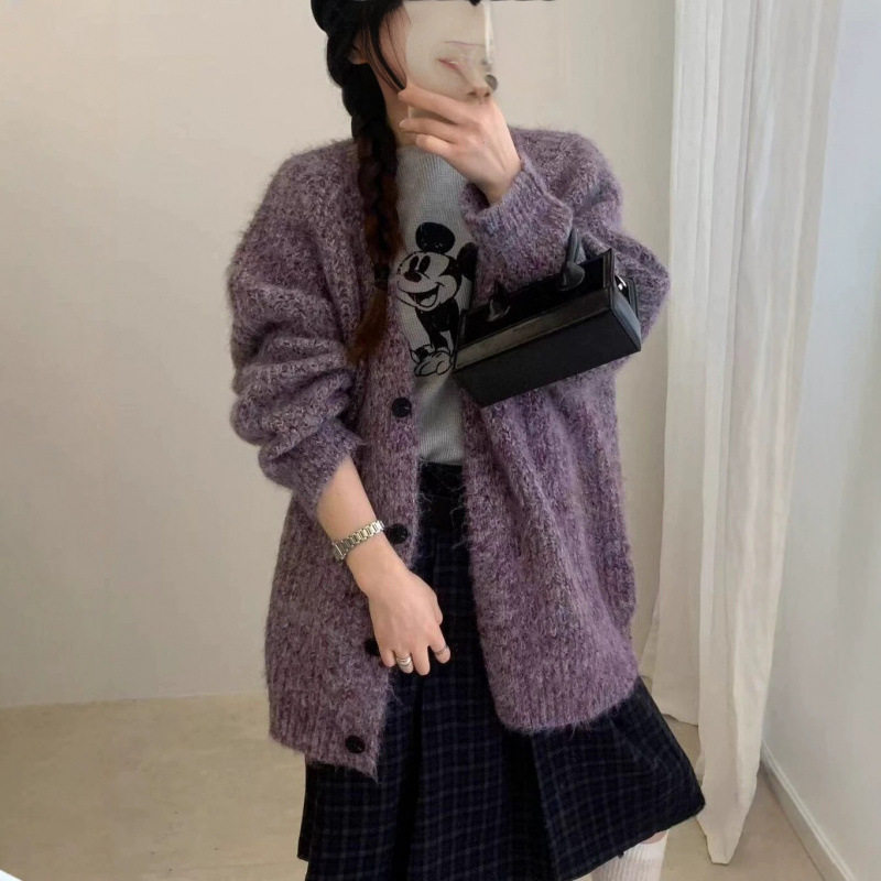 LEKA粗针花纱V领针织开衫