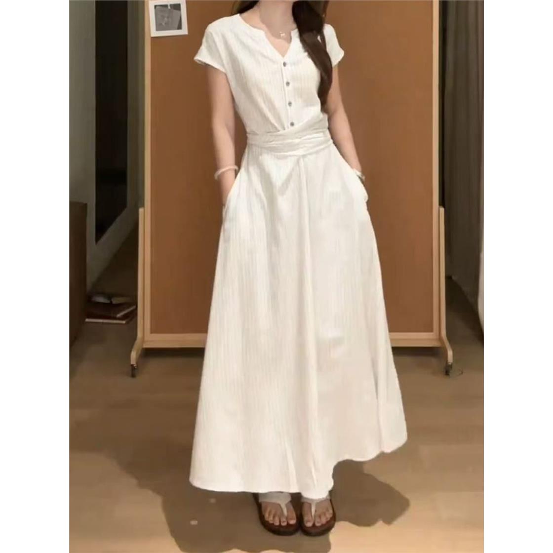 白色条纹衬衫连衣裙子女图片