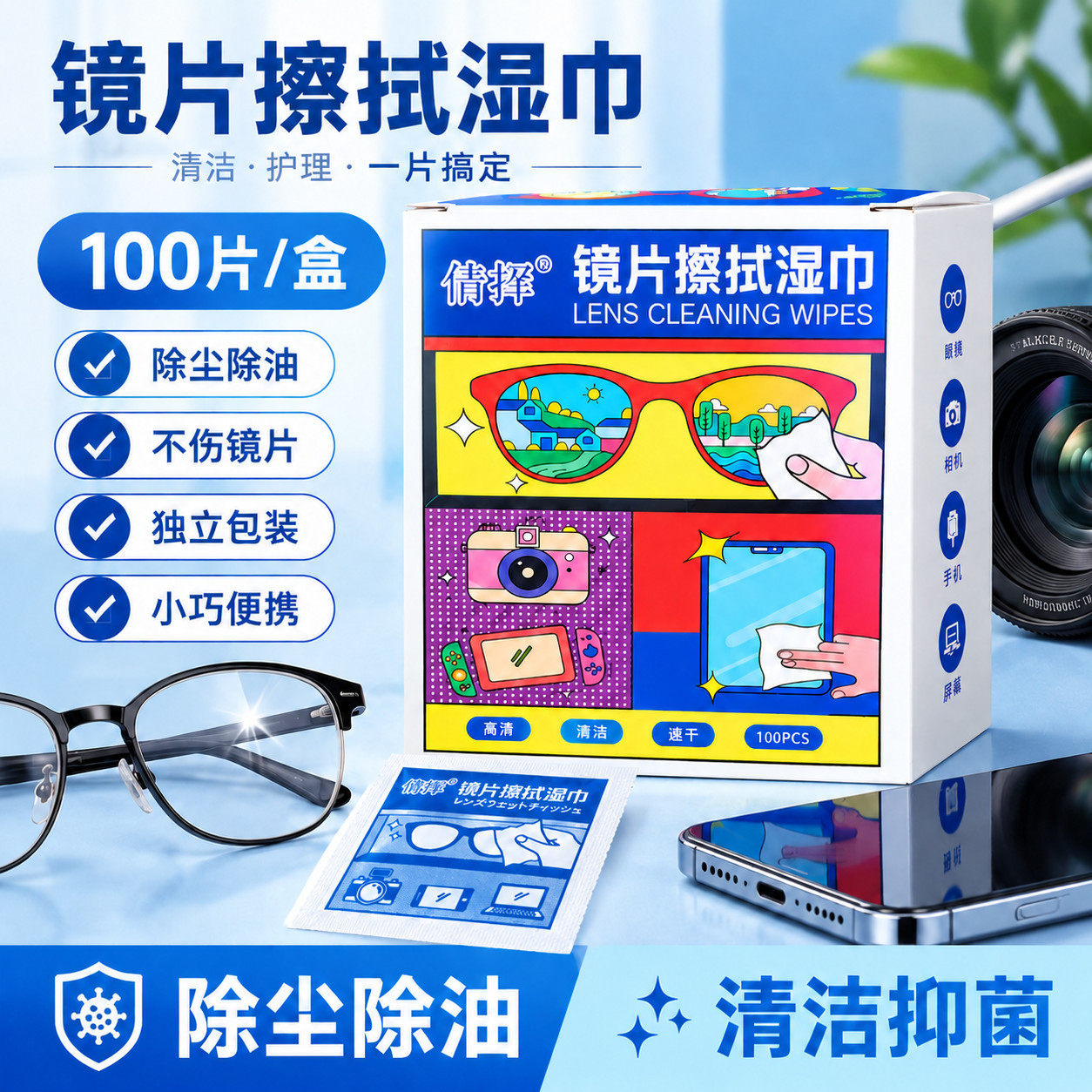 镜片擦拭湿巾独立包装眼镜手机屏幕相机一次性速干去油清洁湿纸巾