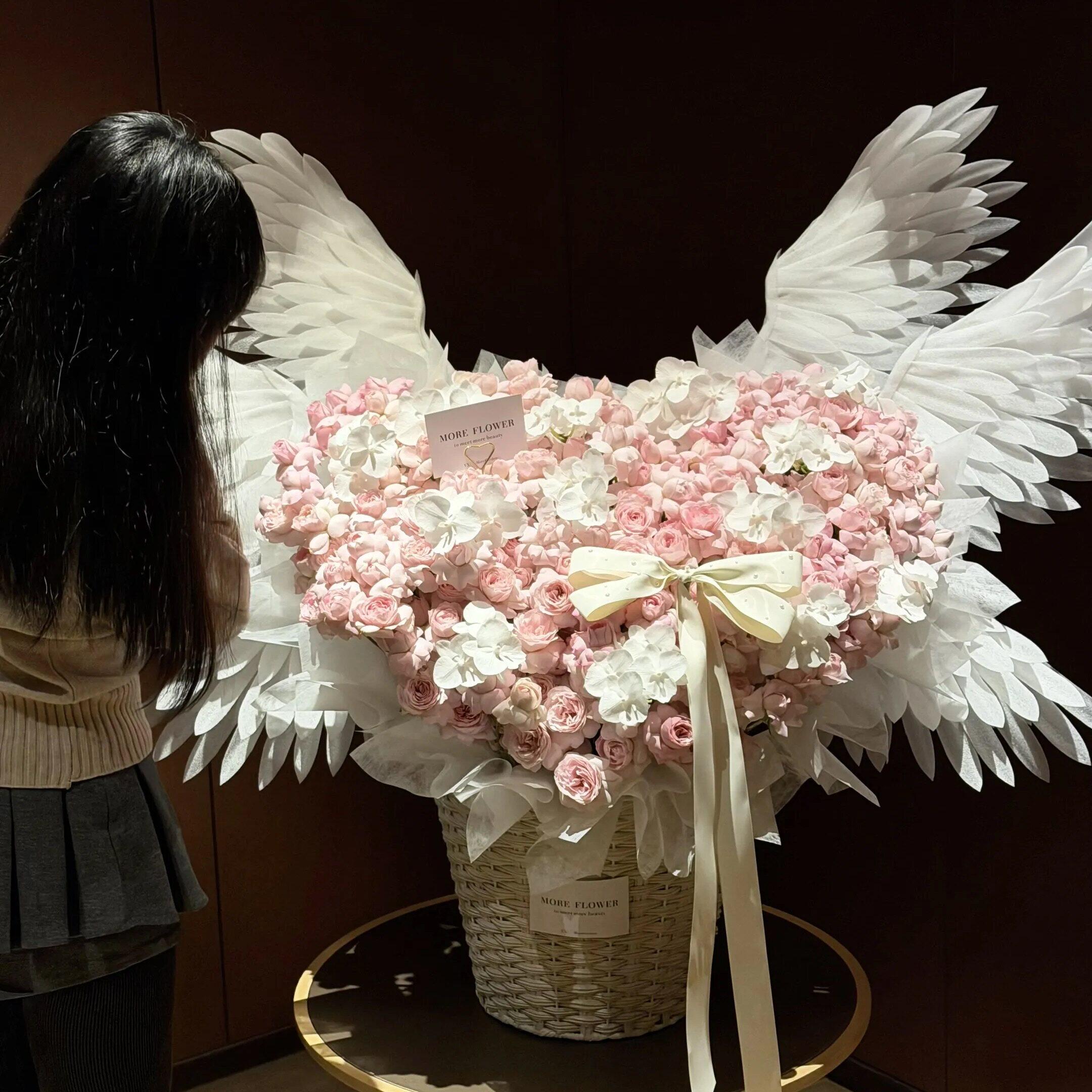 全国天使之翼玫瑰抱抱桶鲜花花束速递同城配送女友生日高级感礼物