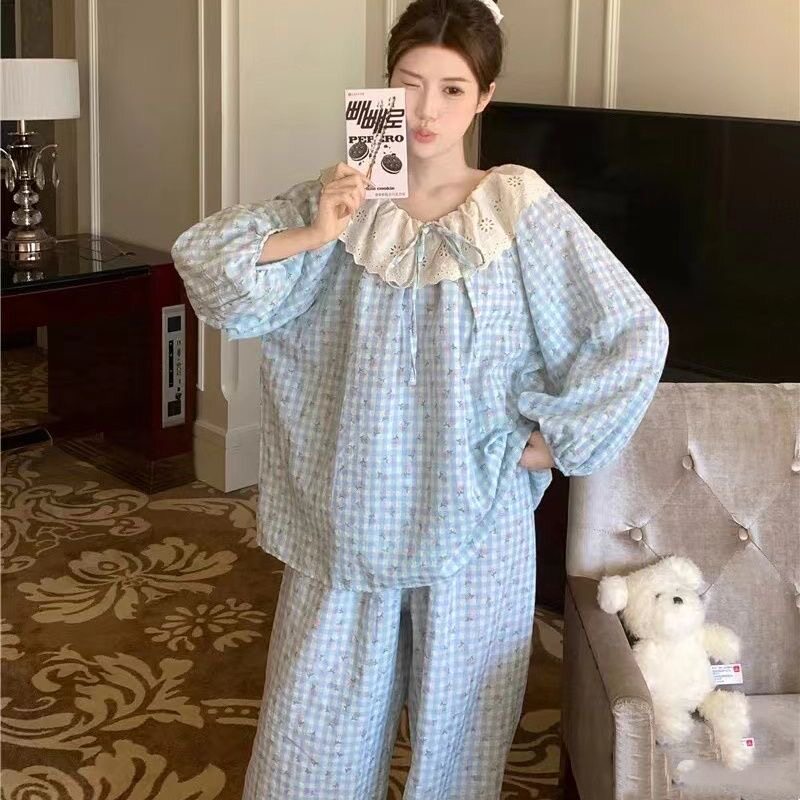 韩版春秋季甜美蕾丝荷叶边蝴蝶睡睡衣/家居服套装