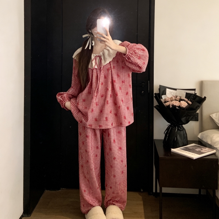 欧美风蝴蝶结格纹睡衣女学生亲肤睡衣/家居服套装