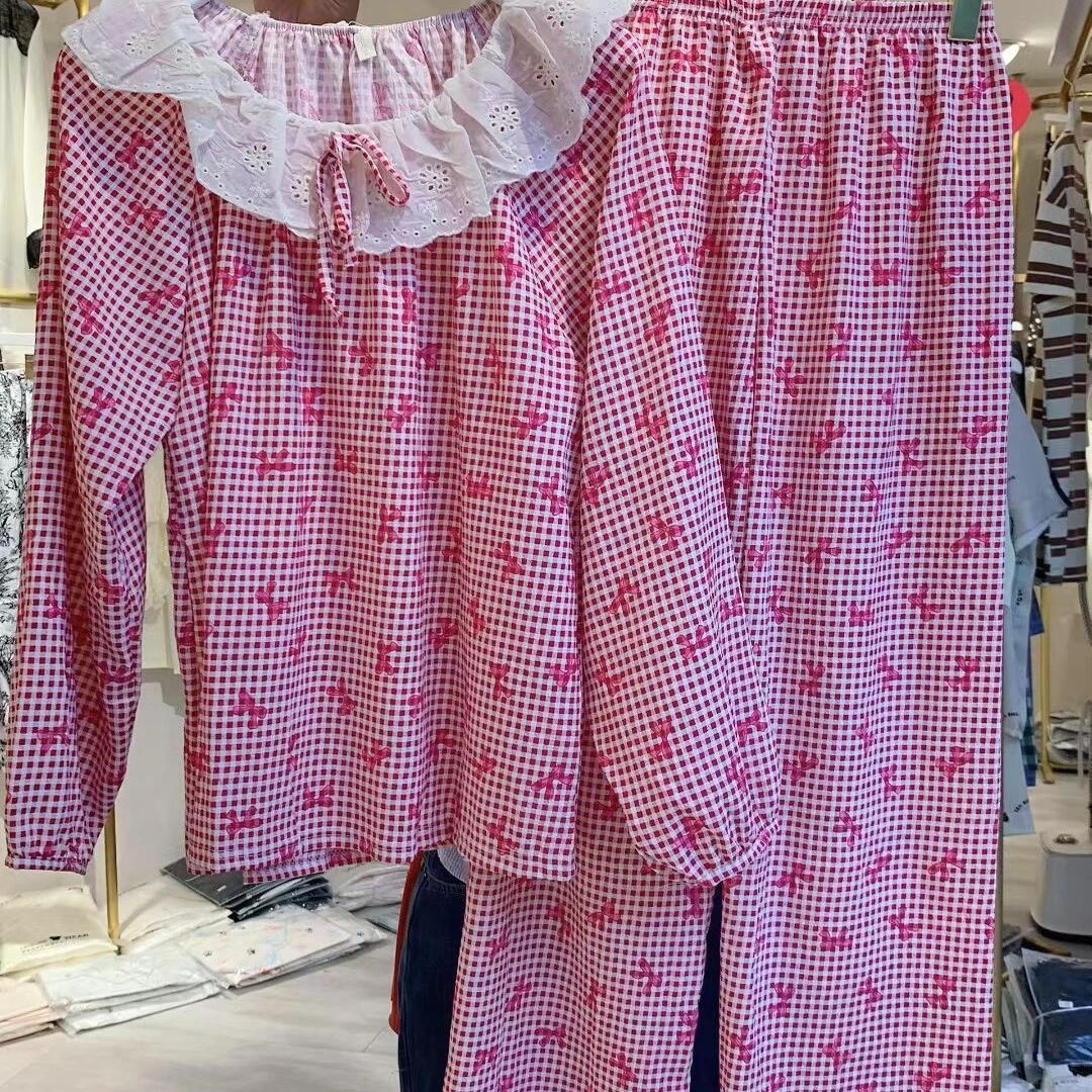 甜美格纹ins复古睡衣女春秋季新款韩版公主风蕾丝花边家居服套装