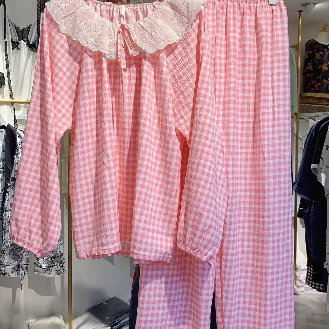 甜美格纹ins复古睡衣女春秋季新款韩版公主风蕾丝花边家居服套装