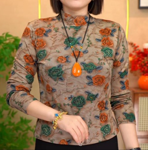 2025春季新款中年妈妈装时尚印花显瘦百搭气质半高领打底衫女上衣