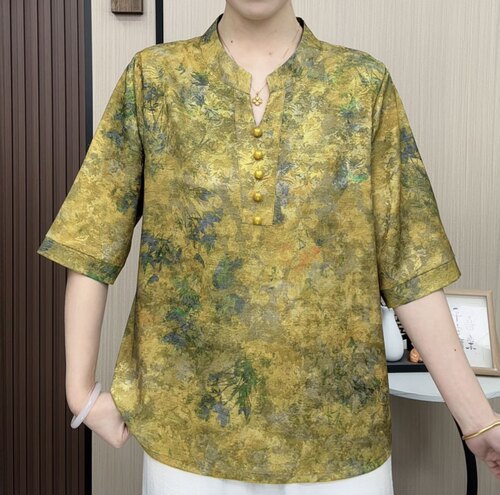 中老年妈妈打底衫2026春夏新款洋气印花五分袖大码宽松外穿上衣女