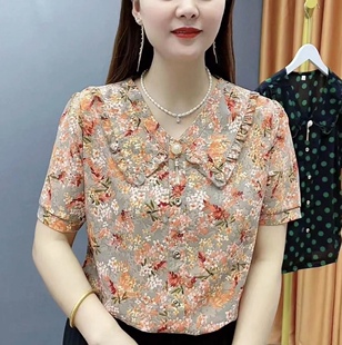 时尚妈妈装2024夏新款时尚飘带减龄雪纺花色显瘦洋气百搭衬衫T恤
