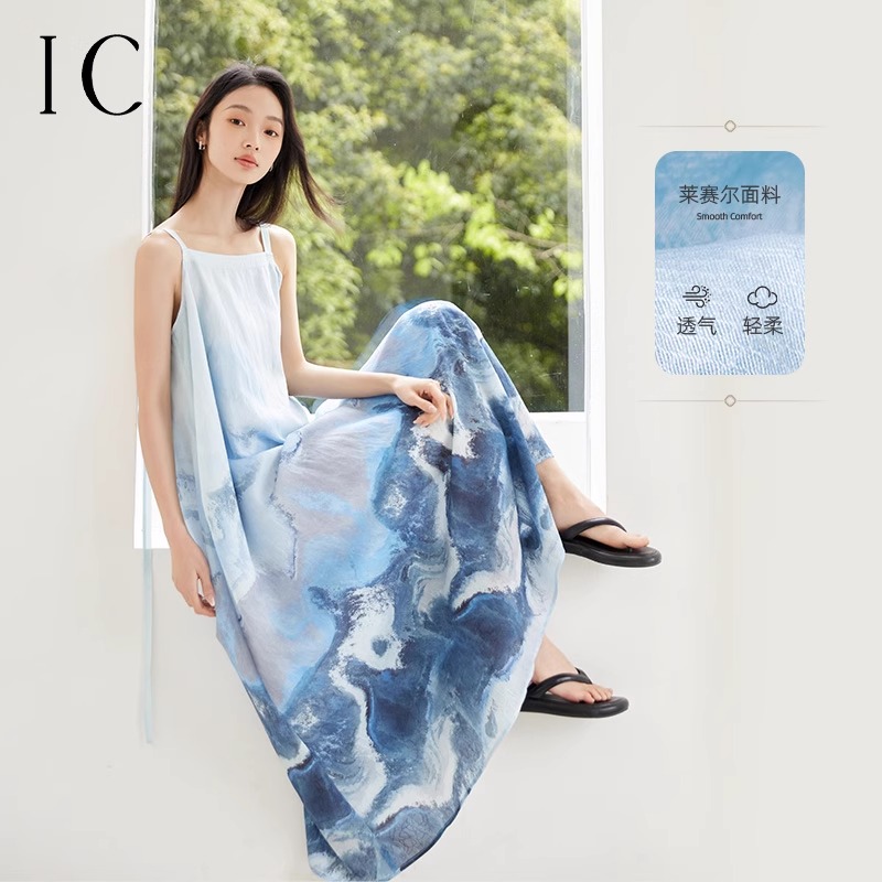 IC新中式水墨风吊带连衣裙女2025夏季新款莱赛尔通勤裙子衬衫套装