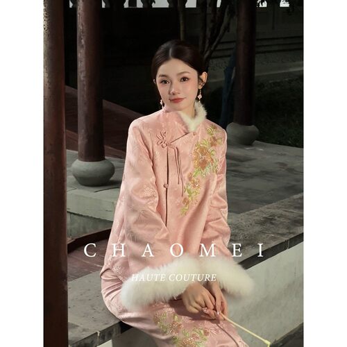 闭店清仓【若曦】新中式定位刺绣水貂毛领狐狸毛羽绒服套装