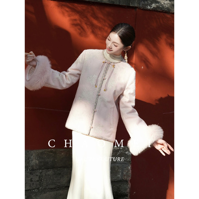 冯（CHAOMEI 【粉茸】 新中式国风刺绣羽绒服外套袖口毛套装
