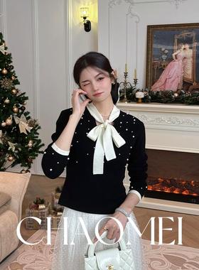 冯（CHAOMEI【黑珍珠】小众设计气质蝴蝶结修身针织衫TG02401