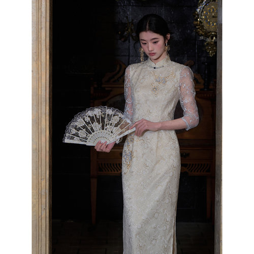 MOPASSANT【月照花林】新中式订婚婚礼新娘蕾丝刺绣旗袍连衣裙