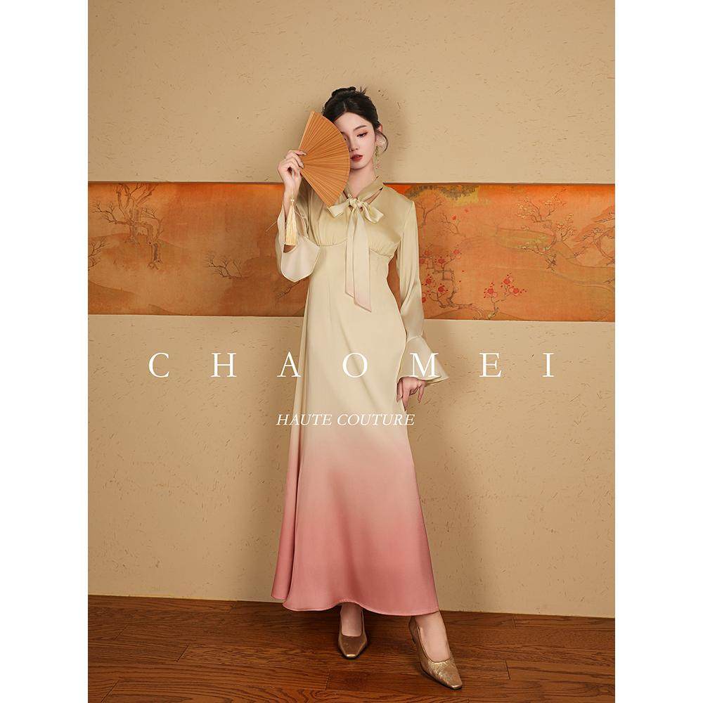 清仓特价I【双鱼座】春装渐变粉连衣裙气质长袖收腰新中式长裙,女装/女士精品,连衣裙,淘宝优惠券,粉丝福利购,淘宝优惠卷