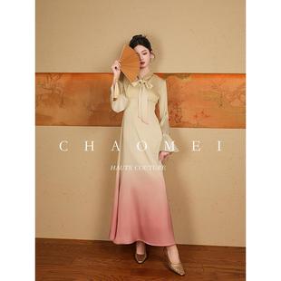 新年特惠【双鱼座】春装渐变粉连衣裙气质长袖收腰新中式长裙