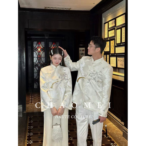 闭店清仓【一见钟情】新中式国风订婚情侣刺绣缎面外套套装