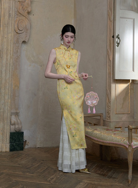 MOPASSANT【金满堂2】新中式订婚黄色刺绣中长款旗袍连衣裙
