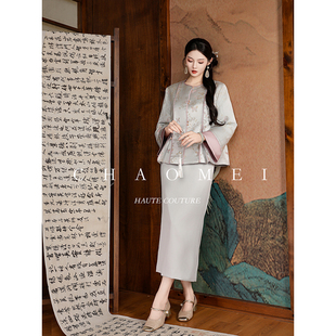晴山蓝新中式 竹间蝶梦 复古长袖 时尚 冯 国风刺绣套装 CHAOMEI
