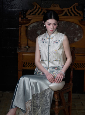 MOPASSANT【烟雨江南】新中式清冷醋酸刺绣马甲醋酸半裙汉服套装