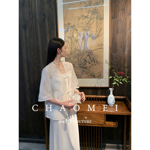 闭店清仓【锦羽】100桑蚕丝绣花外套吊带裙新中式流苏盘扣套装