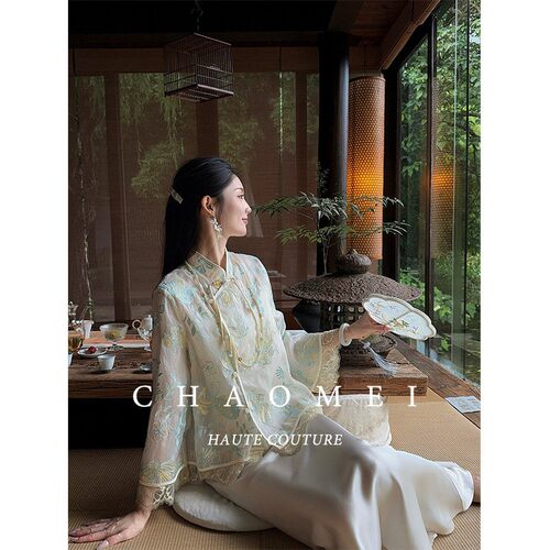 闭店清仓【月中仙】新中式真丝绣花长袖外套+醋酸半身裙套装女