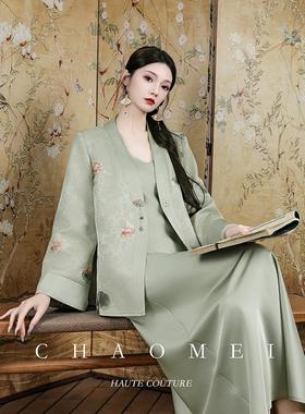 冯（CHAOMEI【青荷】国风柳青色新中式醋酸缎面刺绣汉服套装新款
