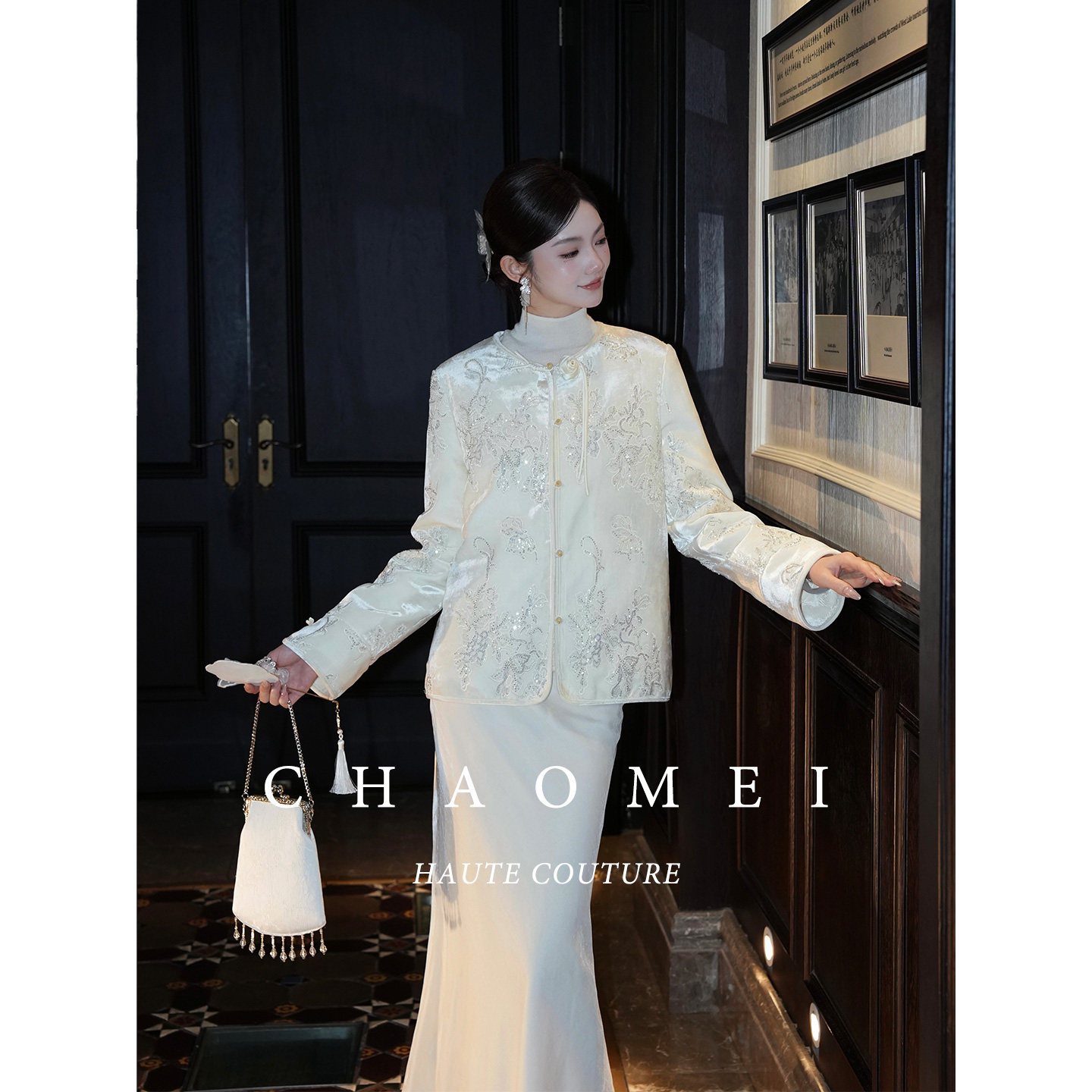 冯（CHAOMEI【香雪凝】国风新中式米杏色丝绒羽绒服外套+丝绒半裙