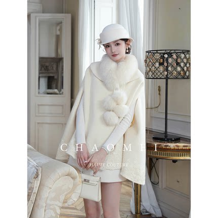 【洛可可】冯（CHAOMEI 新中式100绵羊毛毛呢花边装饰斗篷大衣