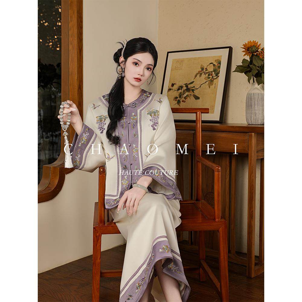 冯（CHAOMEI【紫葡萄2.0】新中式禅意改良汉服套装缎面刺绣两件套