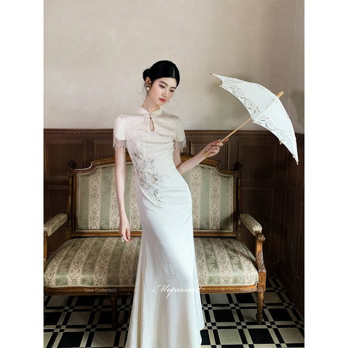 年中清仓【茉烟浅絮】新中式婚礼中长款刺绣流苏旗袍连衣裙