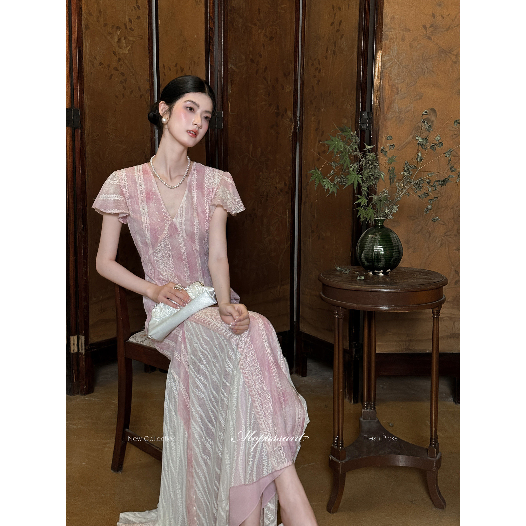 年中清仓【桃汐】夏季法式温柔飞袖蔷薇粉中长款连衣裙