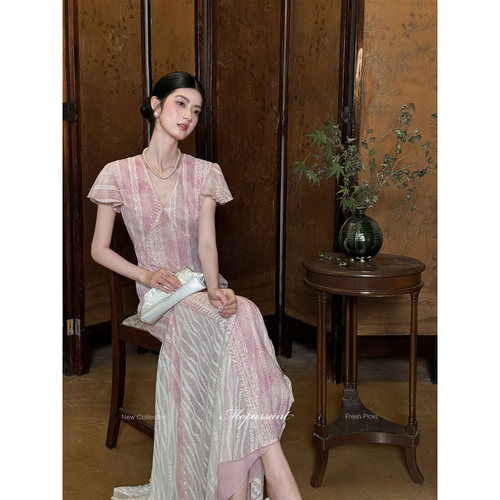 闭店清仓【桃汐】夏季法式温柔飞袖蔷薇粉中长款连衣裙