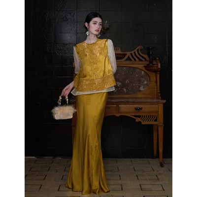 MOPASSANT【鎏光引】新中式订婚春夏金色刺绣醋酸套装三件套