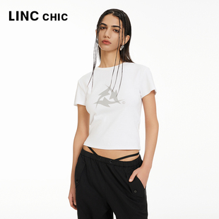 LINCCHIC金羽杰短袖女T恤夏正肩复古截短修身T恤女S242TS194Y