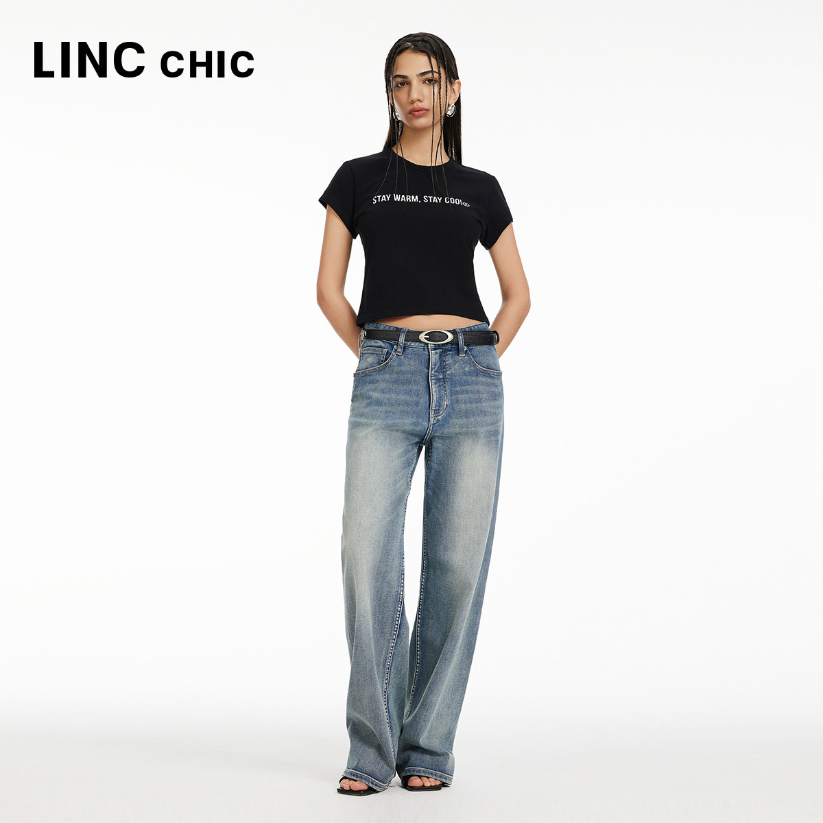 LINC金羽杰牛仔裤子女款中高腰复古宽松直筒裤阔腿牛仔裤女JE208Y