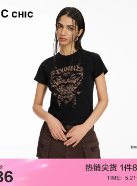 LINCCHIC金羽杰修身上衣短袖女性感插肩短袖圆领T恤女S242FK340Y