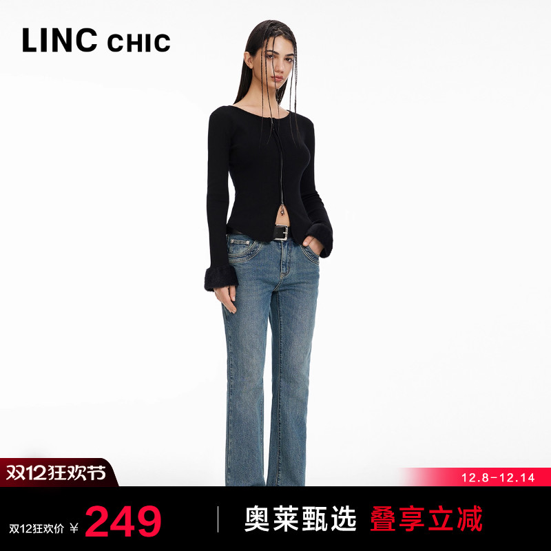 奥莱中高腰弹力微喇复古蓝牛仔裤